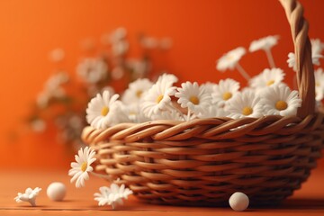 Obraz na płótnie Canvas a basket filled with white daisies sitting on top of a wooden table next to a vase of white flowers and small white balls on the floor. generative ai