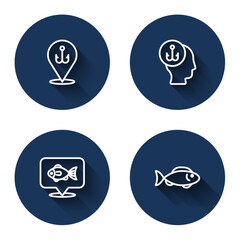 Set line Fishing hook, Fisherman, Location fishing and with long shadow. Blue circle button. Vector