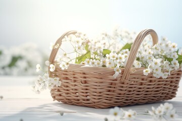 Fototapeta na wymiar a wicker basket filled with white flowers on top of a white table cloth covered tablecloth with white flowers in the basket on top of the basket. generative ai