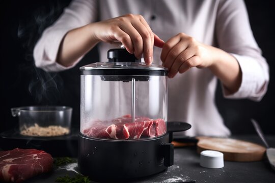  A Person Preparing Food In A Food Processor On A Counter Top With Ingredients Around It And A Person In A White Shirt Behind The Food Processor.  Generative Ai