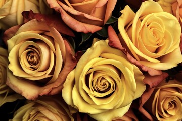 close up photo of yellow and brown roses