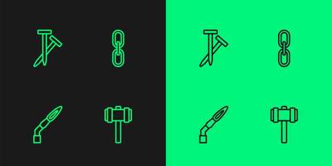 Set line Sledgehammer, Welding torch, Metallic nails and Chain link icon. Vector