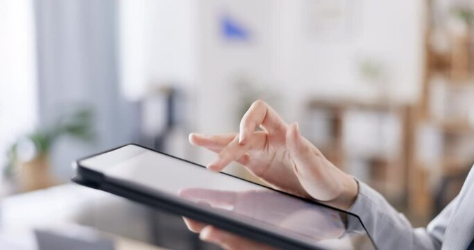 Hands, office or woman typing on tablet working on email, business project or online content research. Social media app, tech or closeup of worker writing blog reports, planning on digital website
