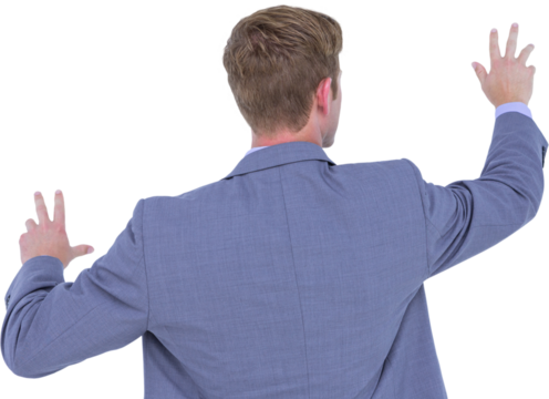 Back turned businessman gesturing with hands