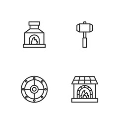 Set line Blacksmith oven, Round shield, and Sledgehammer icon. Vector