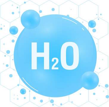 Water H2O molecule models blue and chemical formulas natural. Ecology and biochemistry concept. Illustration