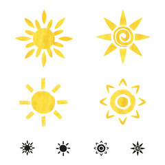 Set of watercolor sun icons. Collection of sun symbols. Vector illustration