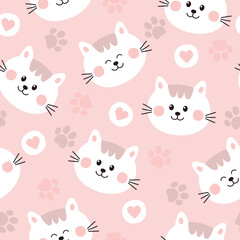 Obraz premium Seamless pattern with cute cats. Cartoon vector illustration with cats, pet paw and hearts on pink background. It can be used for wallpapers, wrapping, cards, patterns for clothes and other.