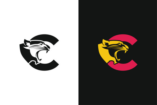 Letter C with panther head illustration in flat design monogram symbol. C panther head icon logo vector.