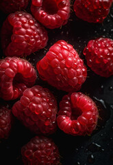 Seamless Raspberry Background with Water Drops, raspberries isolated closeup On Background, classy beautiful shadow. studio shot. market menu poster. closeup. top view flat lay. Generative AI