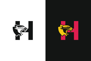 Letter H with panther head illustration in flat design monogram symbol. H panther head icon logo vector.