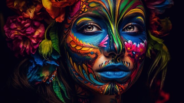 Color face painting, airbrushing and 2D graphic design. Generative AI.