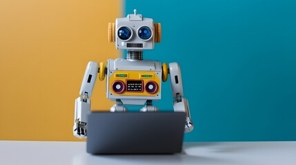 Fototapeta premium A Friendly Vintage Toy Robot chatting on his Laptop, created with Generative AI technology