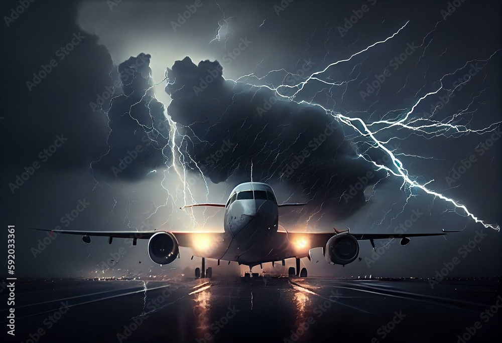 Wall mural commercial airplane hit by lightning thunder in bad weather storm background. transportation and acc