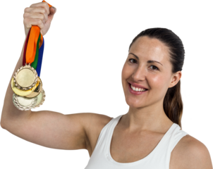 Female athlete posing with gold medals after victory