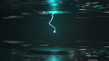 3d rendering of a fantastic studio with chaotic metal hexagons and a pedestal. Neon light falls from above and dissolves into the fog. A lightning bolt cuts through space.
