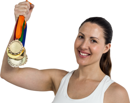 Female athlete posing with gold medals after victory - Powered by Adobe