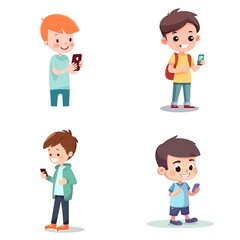 set of funny cartoon casual person with mobile phone
