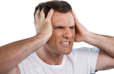 Close-up of mature man with head in hands clenching teeth