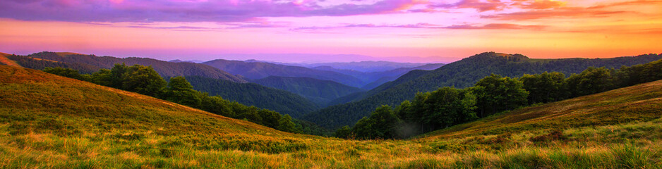 summer panoramic scenery, scenic sunset view in the mountains, Krasna range, Ukraine, Carpathian...