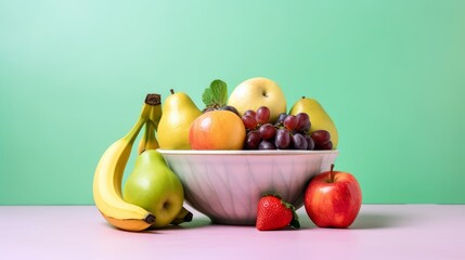 A delicious assortment of fresh fruit displayed in a bowl, with a vast space below for text, complemented by a pastel background that highlights the vibrant colors and health benefits. Generative ai.