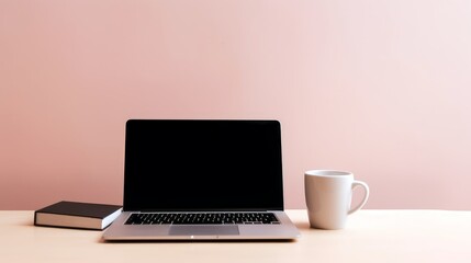 Fototapeta premium A laptop and a cup of coffee on a minimalist office desk, leaving ample space above for text, set against a pastel background that promotes productivity and focus. Generative ai.