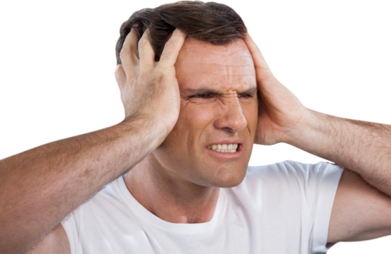Close-up of mature man with head in hands clenching teeth - Powered by Adobe