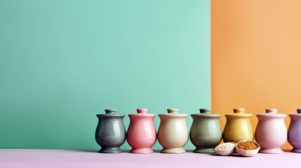 A row of colorful spice jars with a mortar and pestle, offering a large space above for text, set against a pastel background that highlights the flavors and diversity of international. Generative ai.