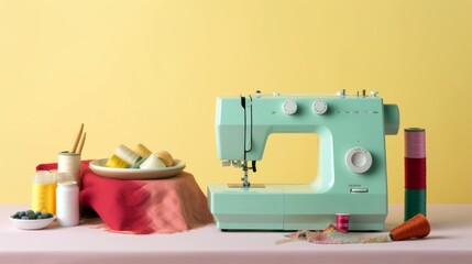 A sewing machine with a colorful assortment of fabrics and threads, providing ample space to the right for text, set against a pastel background that inspires creativity. Generative ai.