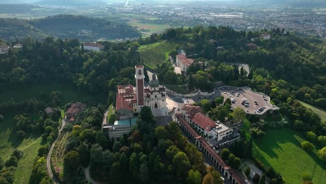 VICENZA - APRIL, 2023: Aerial drone view of palladian Villa Capra. Beautiful ancient architecture conceived by Andrea Palladio. Word famous Unesco architectural monument.