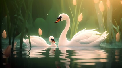 Obraz premium A serene, cute swan family gliding gracefully across a tranquil pond, feeling elegant and connected in a pastel - colored illustration. Generative ai.