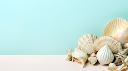 A beautiful seashell collection arranged in the lower - left corner, providing a vast space above and to the right for text, complemented by a pastel background. Generative ai.