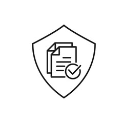 Paper with check mark in a shield. Document protection, secured files line icon isolated on white background. Vector illustration