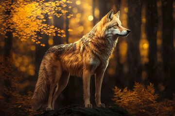 Wild wolf in the autumn forest. Wild wolf in the golden forest. AI generation