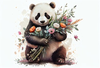 Illustration of a smiling panda holding a bouquet of flowers watercolor style painting with transparent background. Generative AI