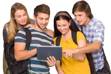 Students using digital tablet at college corridor