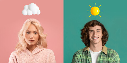 Upset young european woman with cloud and happy man with sun above head