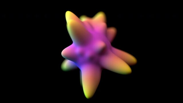 Rotating deforming 3D abstract shape. Concept of nanotechnology and future science, Transforming colored organic particle on black background. Metamorphose of futuristic liquid structure.