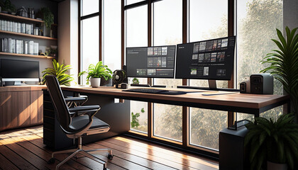 The Future of Work: A High-Quality Image of Office Desks and Busy Employees Walking in a Modern Workspace, Driving Business Transformation and Operations with Advanced Technology