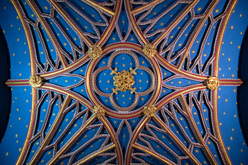 Ceiling of Westminster Abbey with Gothic style. The church is located next to Palace of Westminster...