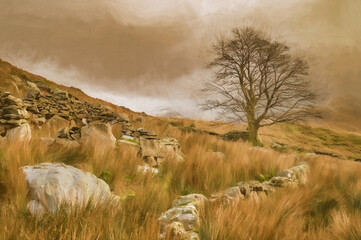 Digital painting of panoramic views of Llyn y Dywarchen, and Snowdon in the Snowdonia National Park, Wales.