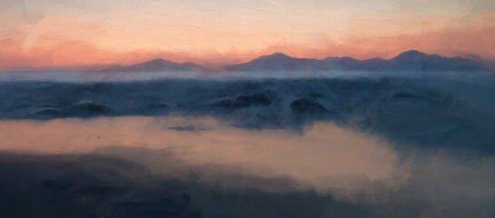 Digital painting of the sea at golden hour, as the sun sets behind the mountains.
