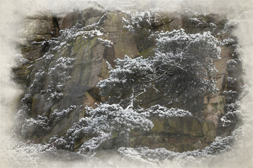 Winter digital watercolour painting of a sunrise cloud inversion, and snow at The Roaches, Staffordshire.