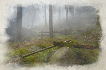Woodland winter mist and fog digital watercolour painting at The Roaches, Staffordshire.