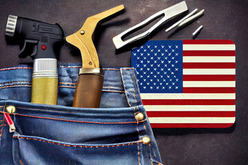 Set of tools and american flag in jeans pocket. labor day background concept. Generative Ai