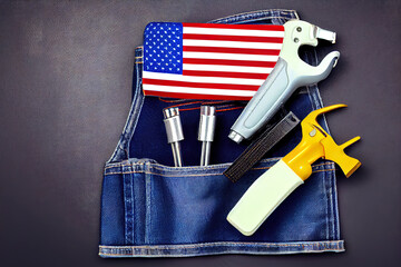Set of tools and american flag in jeans pocket. labor day background concept. Generative Ai