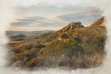 A winter digital watercolour painting of Baldstone, and Gib Torr in the Peak District National Park.