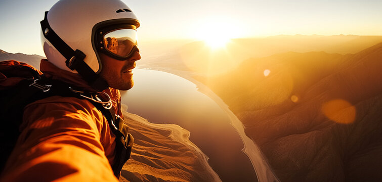 Skydive background. Man jumps with parashute at sunset. digital ai art