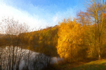 Digital watercolour of autumnal colours at Deep Hayes Country Park.
