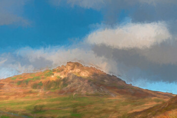 Digital watercolour of sun lighting the heather and rocks at the Roaches in the Peak District National park.